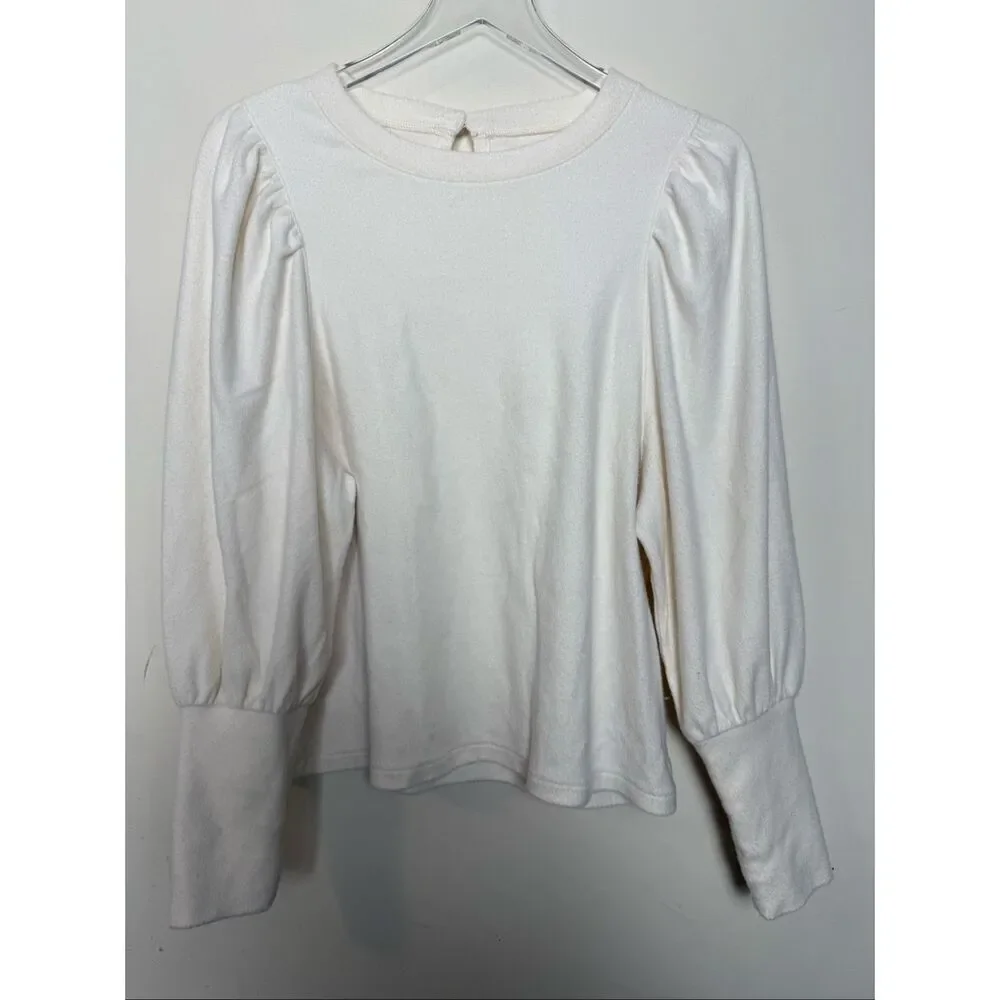 Madewell Puff Sleeve Fleece Sweatshirt Top Women’s Medium Cream Cozy Soft Casual